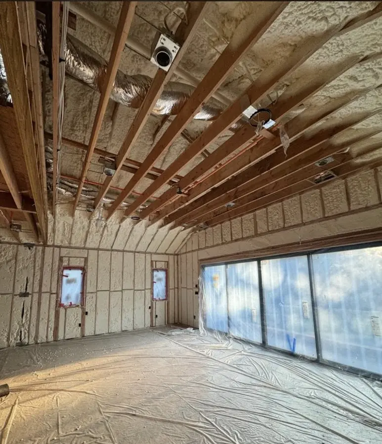 Interior walls and ceiling insulated with spray foam during new construction in Mendota